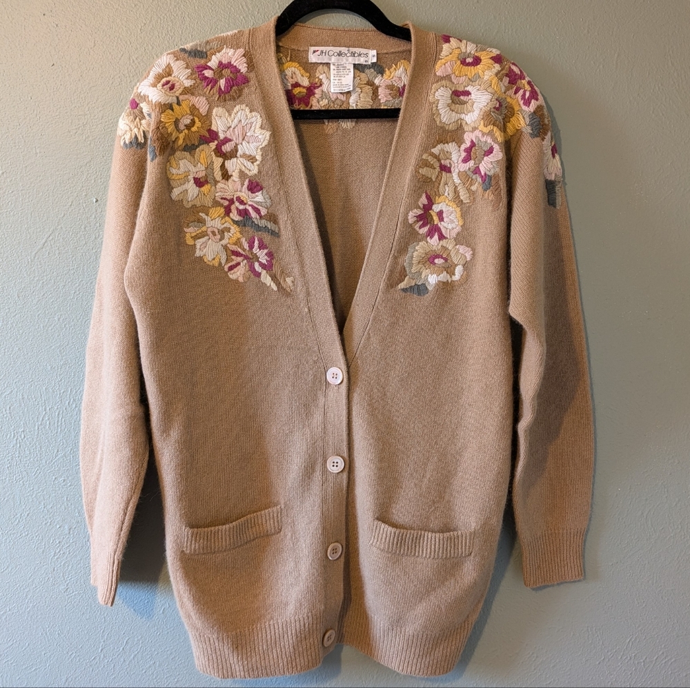 Vintage Lambswool/Angora Floral Embroidered  Long Line Tan Cardigan Size S